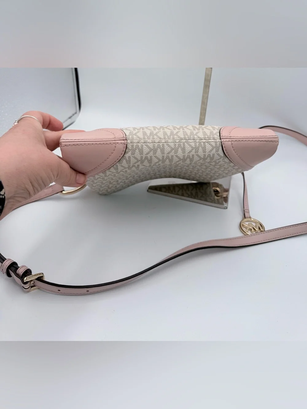 Michael Kors Nicole Large Logo Crossbody Bag Vanilla MK Signature Blush Pink